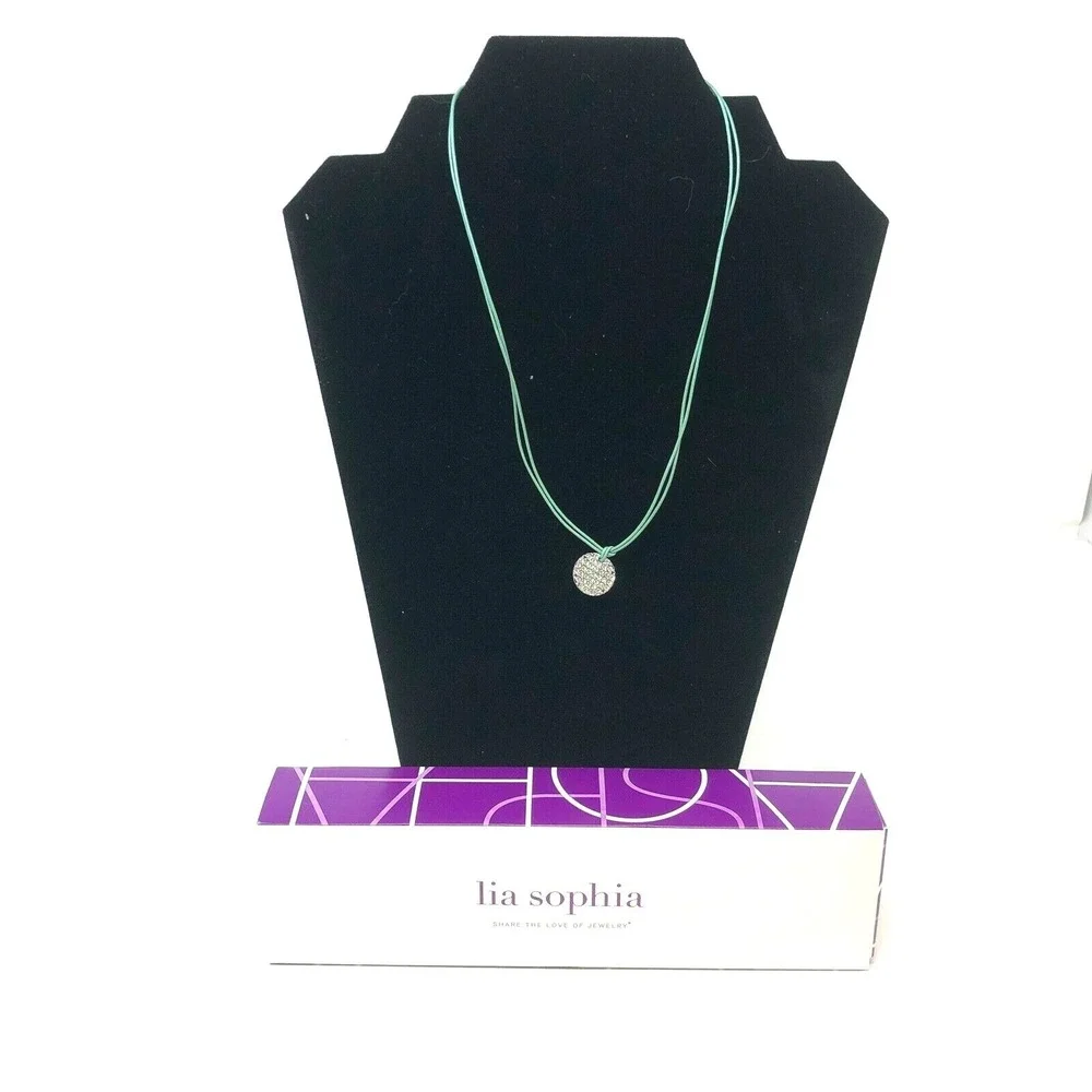 Lia Sophia Necklace‎ Aqua Corded Silver Tone Beaded Disk Spotlight